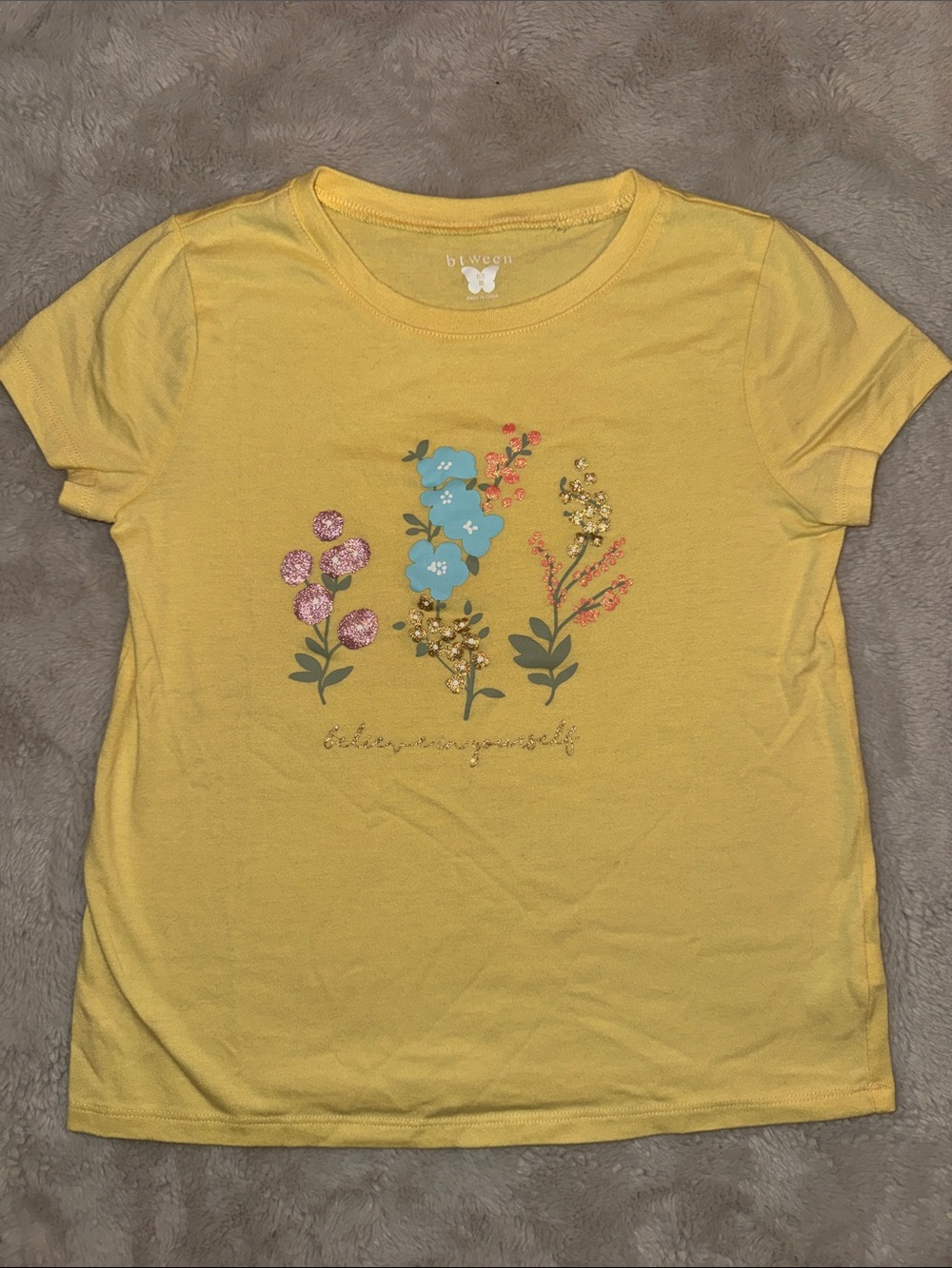 btween Yellow Floral Short Sleeve Tee with Multicolor Blooms